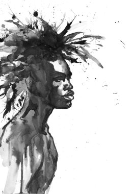 Suluboya Afrika yakışıklı. Resim moda illüstrasyon. El genç adam beyaz zemin fışkırmaları üzerine çizilmiş portresi
