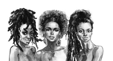 Suluboya güzel Afrikalı kadınlar. Moda çizimi. Beyaz arka planda güzel kızların el yapımı portresi