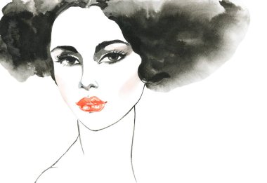 Suluboya Güzellik genç kadın. Kırmızı dudaklı bayanın el resmini çekti. Beyaz arka planda boyama moda illüstrasyon