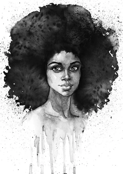 Aquarell Schönheit Afrikanische Frau Malerei Monochromer Mode Illustration Mit Spritzern — Stockfoto