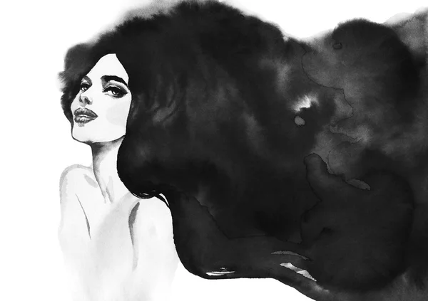 Watercolor Black White Portrait Woman Hand Drawn Beautiful Brunette Girl — Stock Photo, Image