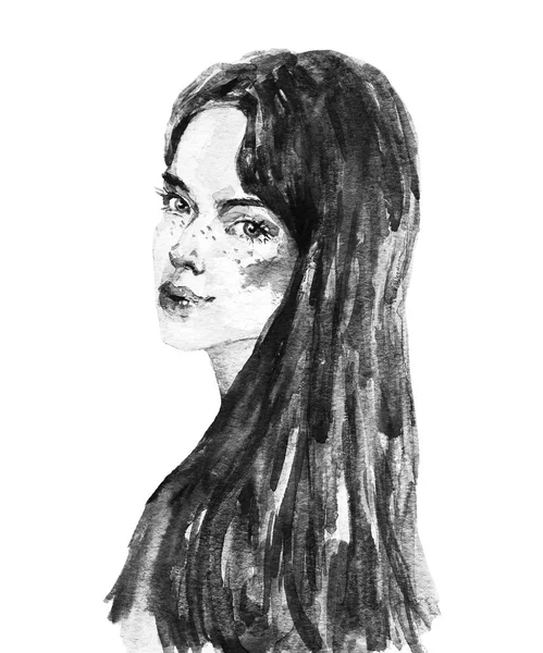 Watercolor Skönhet Ung Kvinna Handritade Porträtt Damen Målning Mode Illustration — Stockfoto