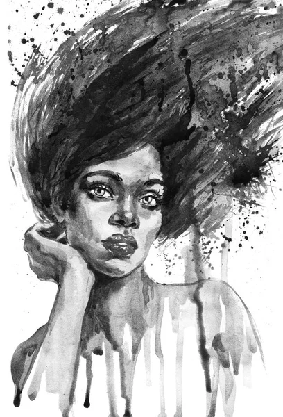 Aquarela Beleza Mulher Africana Pintura Ilustração Moda Retrato Desenhado Mão — Fotografia de Stock