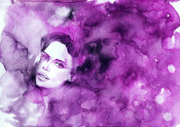 Watercolor beauty portrait of woman. Hand drawn abstract fashion illustration. Painting pretty lady\'s face with splashes