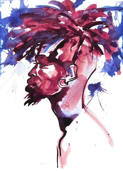 水彩のハンサムなアフリカ人の人 ファッション イラスト 水しぶきで白い背景に若い男の肖像画を描かれた手 — ストック写真