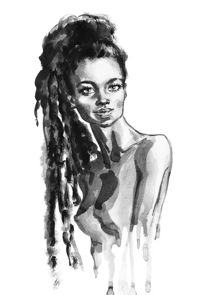 Aquarelle Beauté Femme Africaine Illustration Mode Peinture Portrait Dessiné Main — Photo