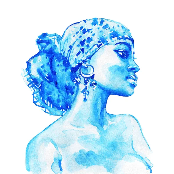 水彩の美しさのアフリカの女性 ファッション イラスト 白い背景できれいな女の子の肖像画を描かれた手 — ストック写真