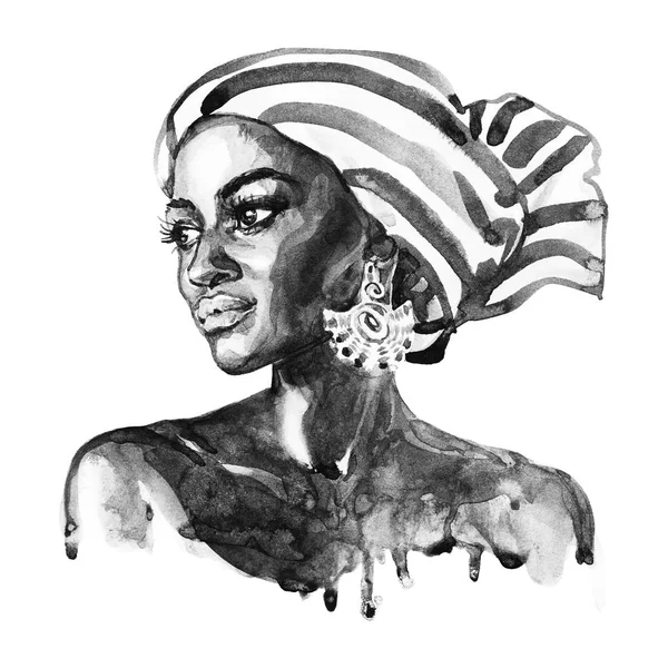 Sulu boya güzellik Afrikalı kadın. Resim moda illüstrasyon. Güzel kız beyaz arka plan üzerinde elle çizilmiş portresi