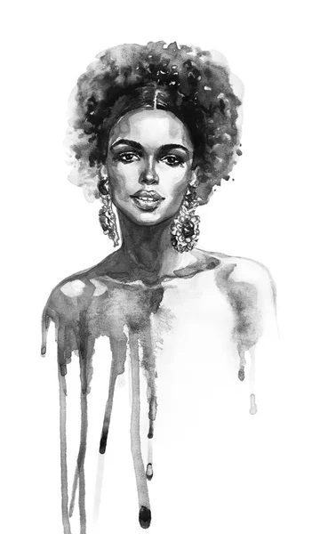 Acuarela Belleza Mujer Africana Ilustración Moda Pintura Retrato Dibujado Mano — Foto de Stock