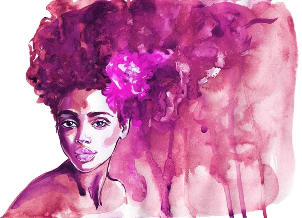 Aquarela Beleza Mulher Africana Pintura Ilustração Moda Retrato Desenhado Mão — Fotografia de Stock