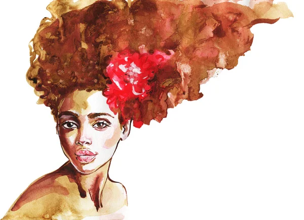 Acuarela Belleza Mujer Africana Ilustración Moda Pintura Retrato Dibujado Mano — Foto de Stock