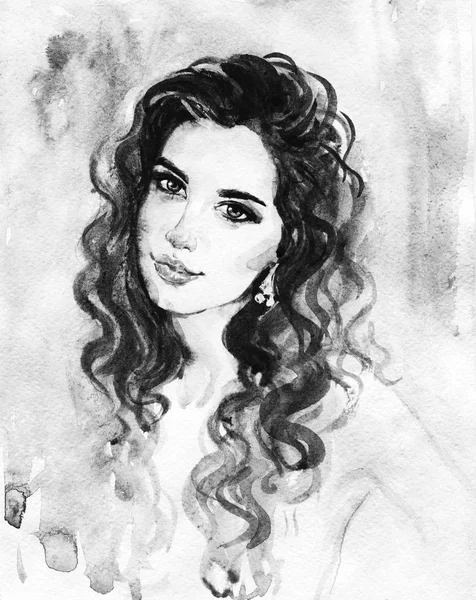 Akwarela Piękna Młoda Kobieta Ręcznie Rysowane Czarno Biały Portret Dziewczyny — Zdjęcie stockowe