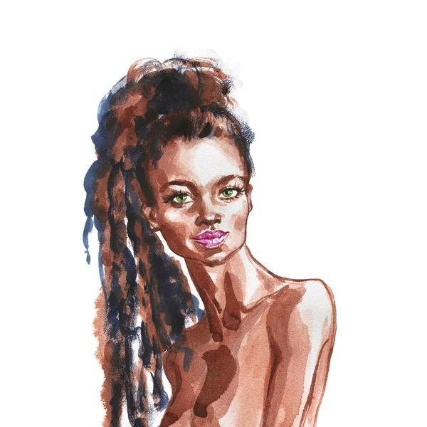 Sulu boya güzellik Afrikalı kadın. Resim moda illüstrasyon. Güzel kız beyaz arka plan üzerinde elle çizilmiş portresi