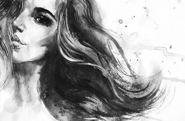 Acuarela Belleza Mujer Joven Retrato Dibujado Mano Blanco Negro Niña —  Fotos de Stock