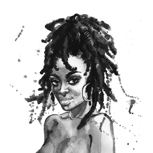 Akvarell Skönhet Afrikansk Kvinna Målning Fashion Illustration Handen Ritade Porträtt — Stockfoto