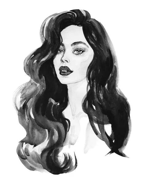 Acquerello Bellezza Giovane Donna Ritratto Ragazza Bianco Nero Disegnato Mano — Foto Stock