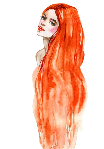Sulu Boya Güzellik Genç Kadın Deniz Kızı Çizilmiş Portresi Moda — Stok fotoğraf