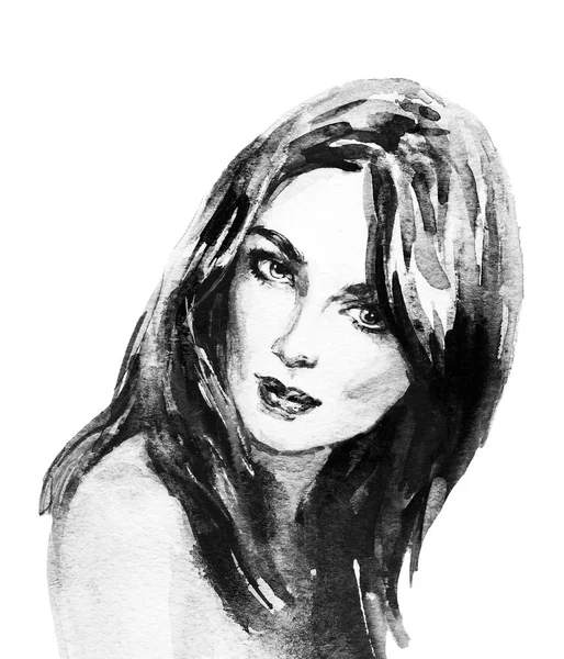 Akvarel Mladá Žena Kreslené Monochromatické Portréty Dívky Malování Módní Ilustrace — Stock fotografie
