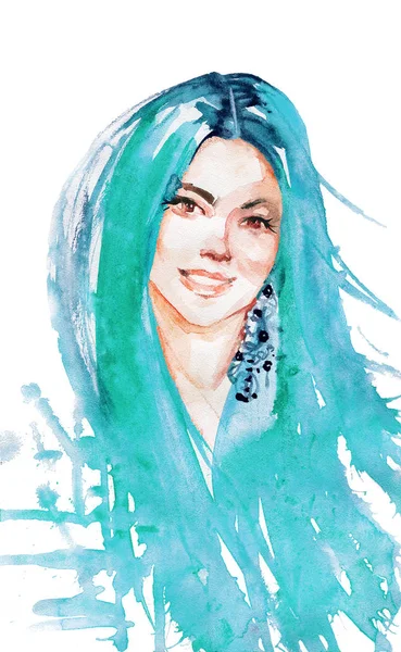 Watercolor beauty young woman with blue hair. Hand drawn portrait of smiling lady. Painting fashion illustration on white background