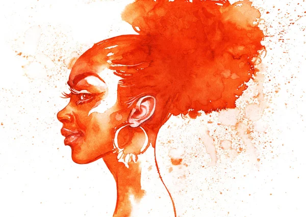 水彩画美アフリカ女性の側面図 ファッションイラストレーションを描く 白い背景にかわいい女の子の手描きの肖像画 — ストック写真
