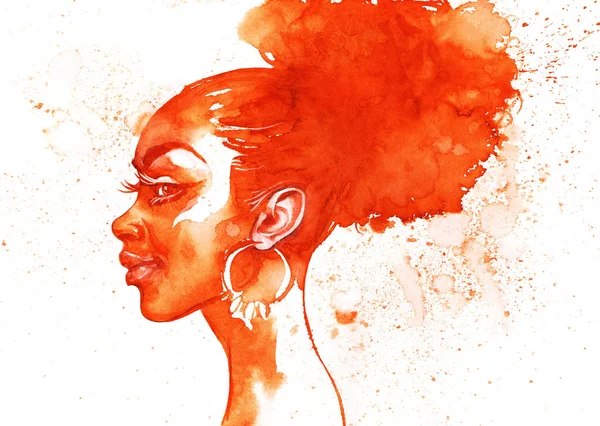 Suluboya güzellik Afrika kadın yan görünümü. Boyama moda Illustration. Beyaz arka planda güzel kız el çizilmiş portre