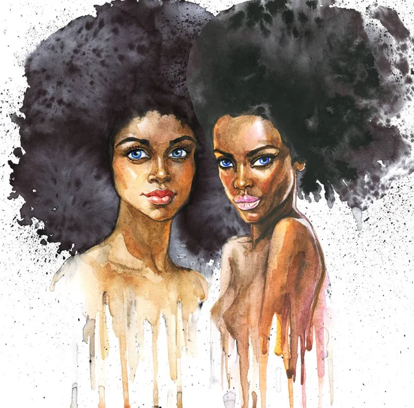 Suluboya güzel Afrikalı kadınlar. Moda çizimi. Beyaz arka planda güzel kızların el yapımı portresi