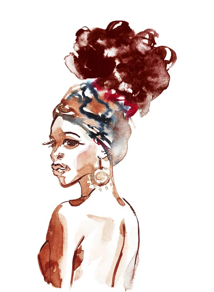 Watercolor Beautiful African Woman Painting Fashion Illustration Hand Drawn Portrait — Stock Photo, Image