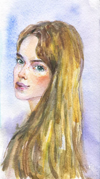 Watercolor beauty young woman. Hand drawn portrait of lady. Painting fashion illustration on blue background