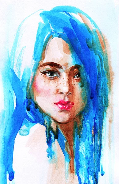 Aquarell Schönheit Junge Frau Mit Langen Blauen Haaren Handgezeichnetes Porträt — Stockfoto