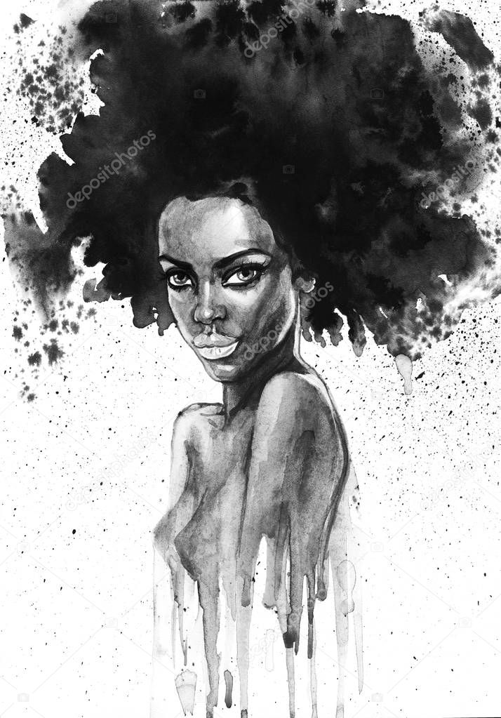 Watercolor beauty african woman. Painting monochrome fashion illustration with splashes. Hand drawn portrait of pretty girl on white background