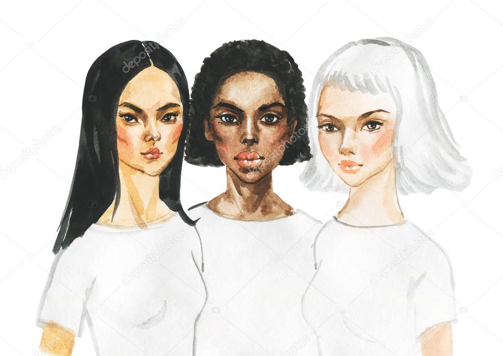Watercolor portrait of asian, african and european young women. Painting fashion and feminist illustration. Hand drawn beautiful international ladies on white background
