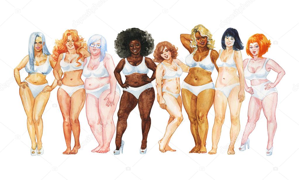 Watercolor international women portrait. Hand drawn group of ladies. Painting beauty illustration of body positive, feminism, tolerance and equality