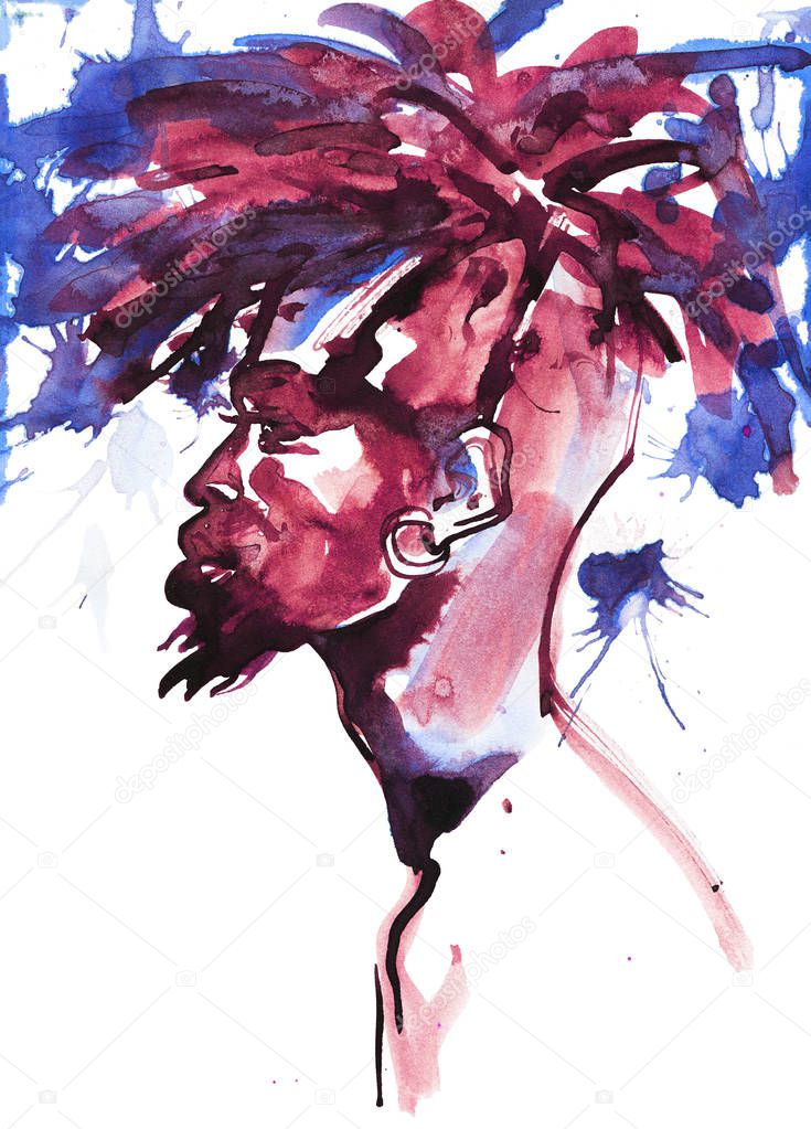 Watercolor handsome african man. Painting fashion illustration. Hand drawn portrait of young guy on white background with splashes