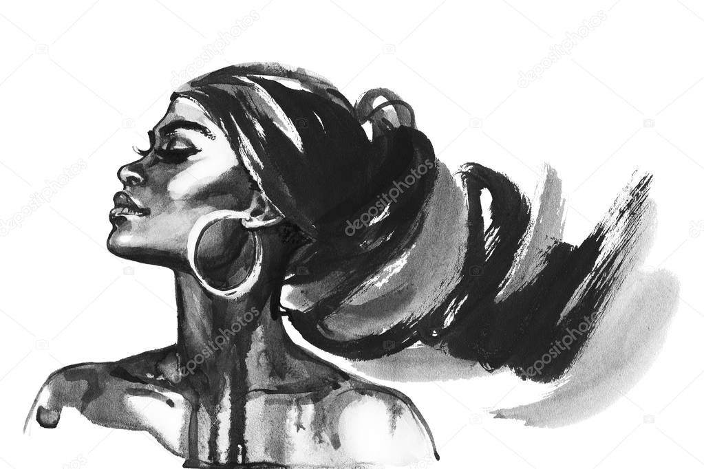 Watercolor beauty african woman. Painting fashion illustration. Hand drawn portrait of pretty girl on white background