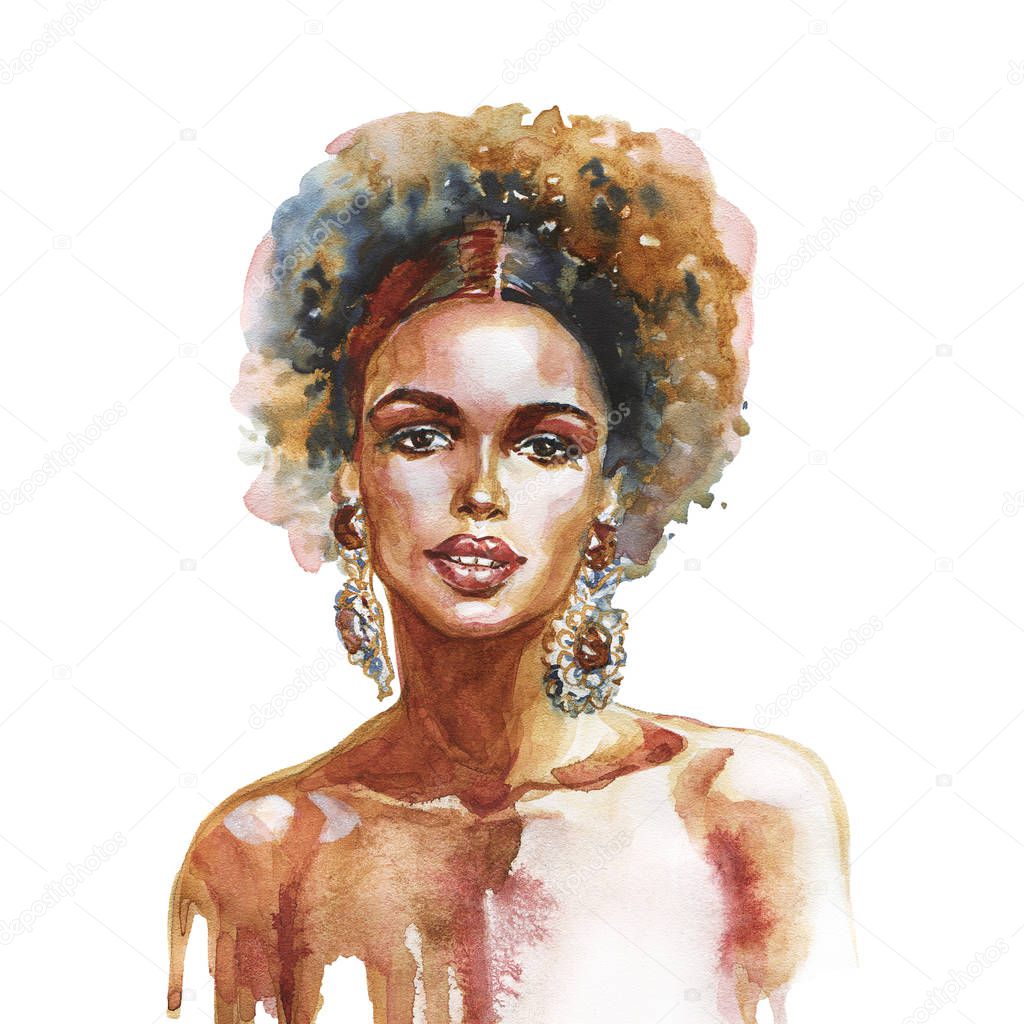 Watercolor beauty african woman. Painting fashion illustration. Hand drawn portrait of pretty girl on white background