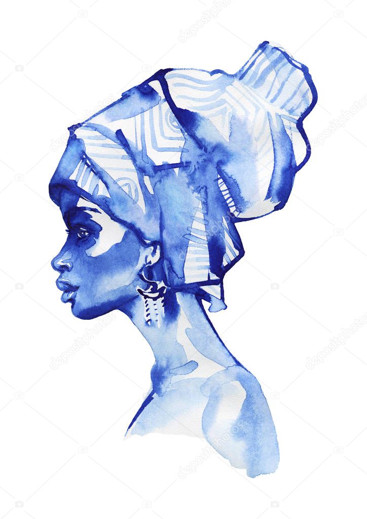Watercolor beauty african woman. Painting monochrome fashion illustration. Hand drawn portrait of pretty girl on white background