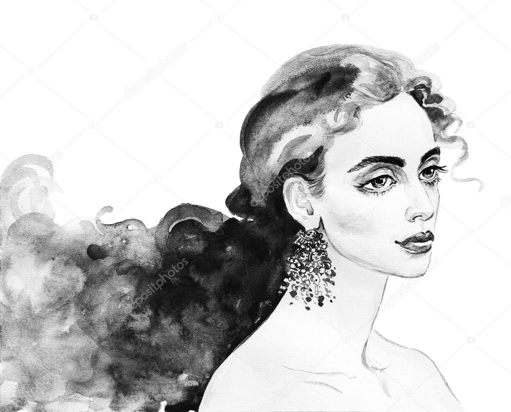 Watercolor beauty young woman. Hand drawn black and white portrait of girl. Painting fashion illustration on white background