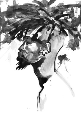 Suluboya Afrika yakışıklı. Resim moda illüstrasyon. El genç adam beyaz zemin fışkırmaları üzerine çizilmiş portresi