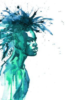 Suluboya Afrika yakışıklı. Resim moda illüstrasyon. El genç adam beyaz zemin fışkırmaları üzerine çizilmiş portresi