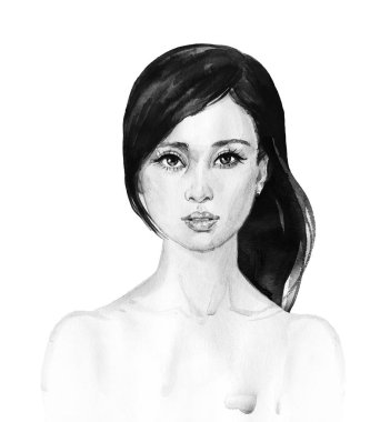 Suluboya Asyalı Genç kadın. El güzellik kız çizilmiş portresi. Moda resimde beyaz arka plan üzerinde boyama