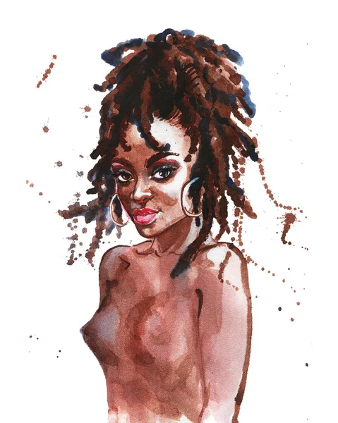 Aquarelle Beauté Femme Africaine Illustration Mode Peinture Portrait Dessiné Main — Photo