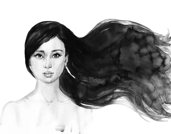 Acuarela Belleza Mujer Joven Retrato Dibujado Mano Chica Asiática Ilustración —  Fotos de Stock