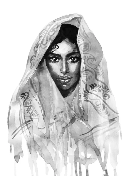 Красота Акварели Индийская Молодая Женщина Ручной Портрет Девушки Рисунок Моды — стоковое фото