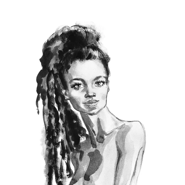 Watercolor Beauty African Woman Painting Fashion Illustration Hand Drawn Portrait — Stock Photo, Image