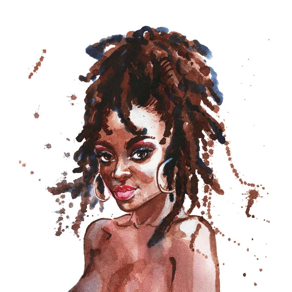 Aquarela Beleza Mulher Africana Pintura Ilustração Moda Retrato Desenhado Mão — Fotografia de Stock