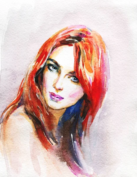 Acuarela Belleza Mujer Joven Retrato Dibujado Mano Chica Pintura Ilustración — Foto de Stock