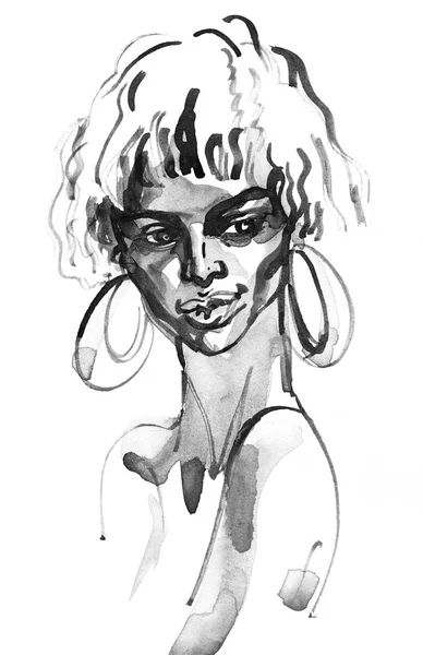 Aquarelle Beauté Femme Africaine Peinture Monochrome Illustration Mode Portrait Dessiné — Photo