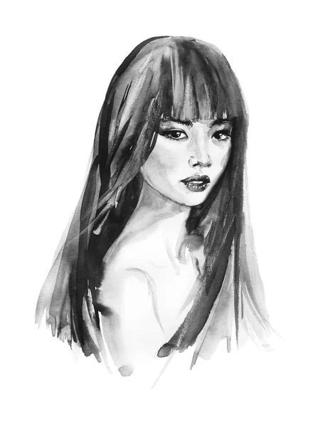 Watercolor Asian Young Woman Hand Drawn Portrait Beauty Girl Painting — Stock Photo, Image