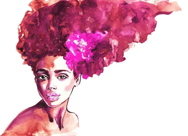 Akwarela Piękno Afrykańskiej Kobiety Malarstwo Ilustracja Moda Piękny Portret Ładną — Zdjęcie stockowe