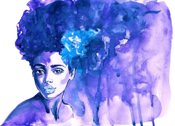 Aquarel Schoonheid Afrikaanse Vrouw Schilderij Mode Illustratie Hand Getekend Portret — Stockfoto